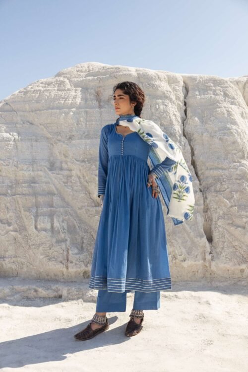 MUL COTTON BLUE ANARKALI SET