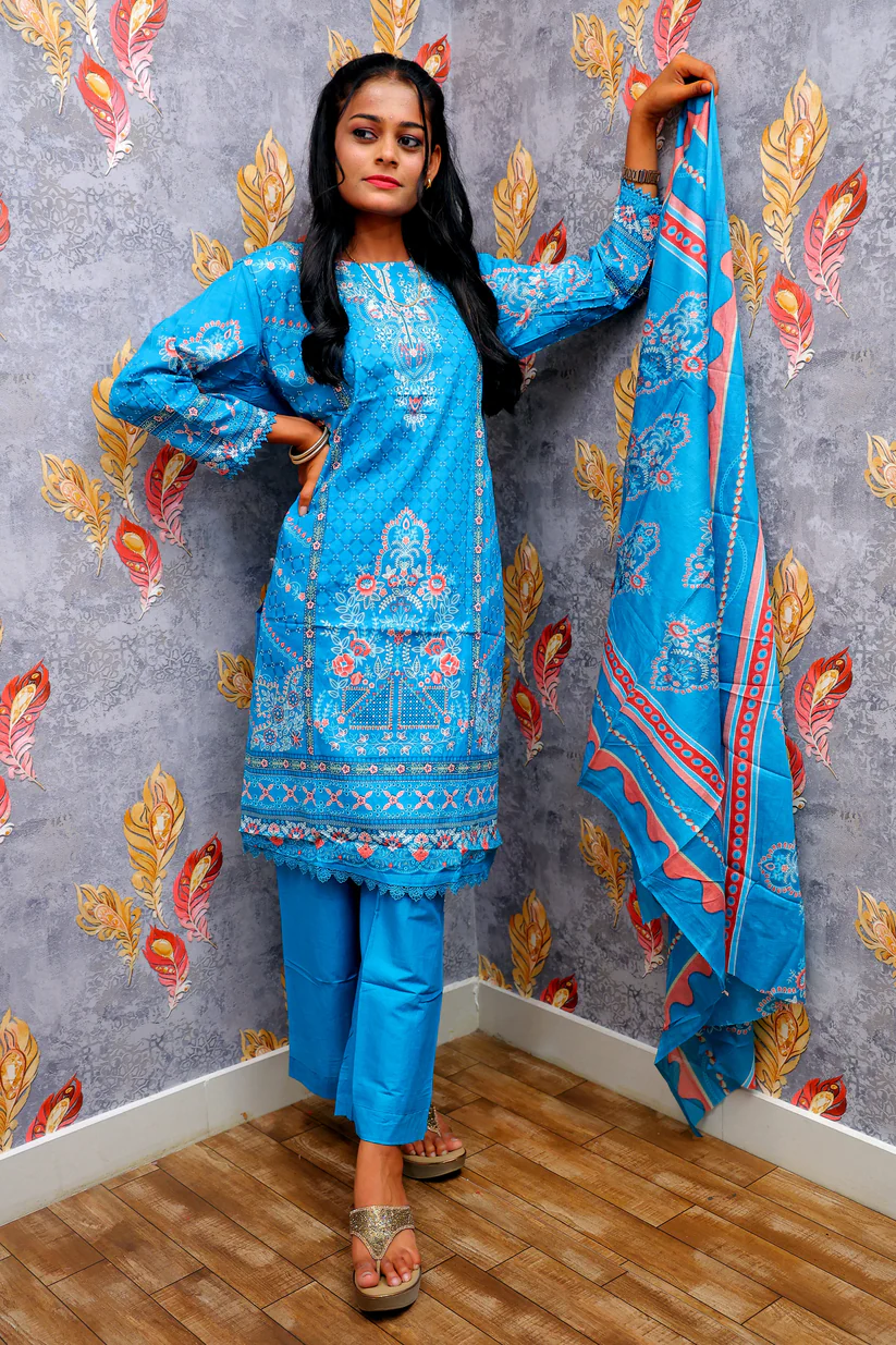 Blue Kurti With Floral Design For Women & Girls - Image 3