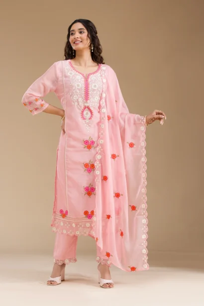 Baby Pink Organza Threadwork Straight Kurta With Regular Pant And Dupatta